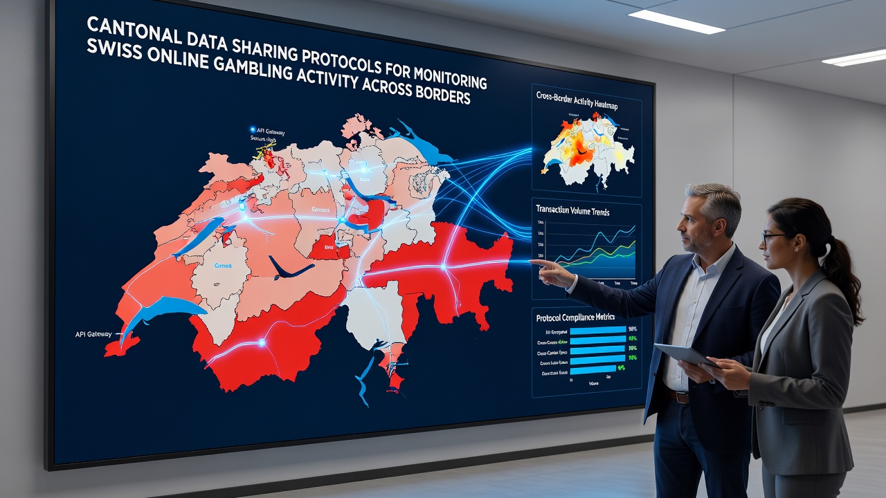 Digital map highlighting Swiss cantons connected through secure data sharing networks for gambling regulation