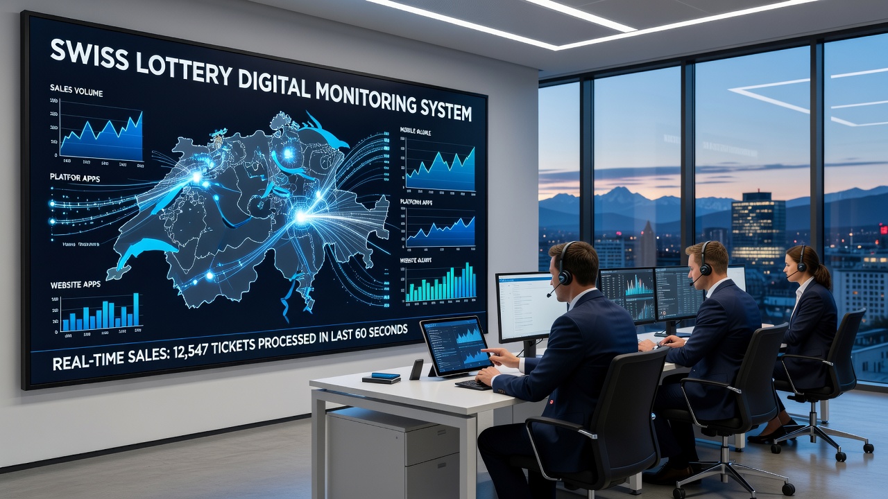 Technical infrastructure showing API connections between lottery platforms and Swiss regulatory monitoring systems