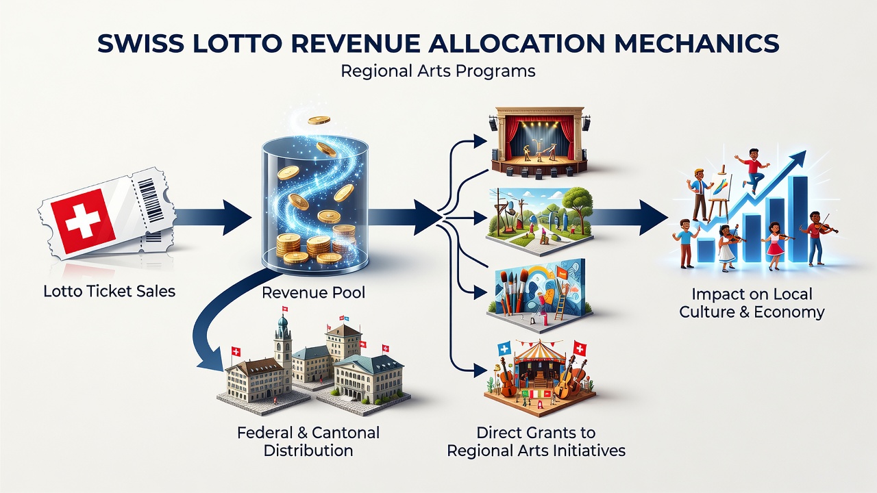 Map of Switzerland highlighting cantonal arts funding distribution from lottery proceeds